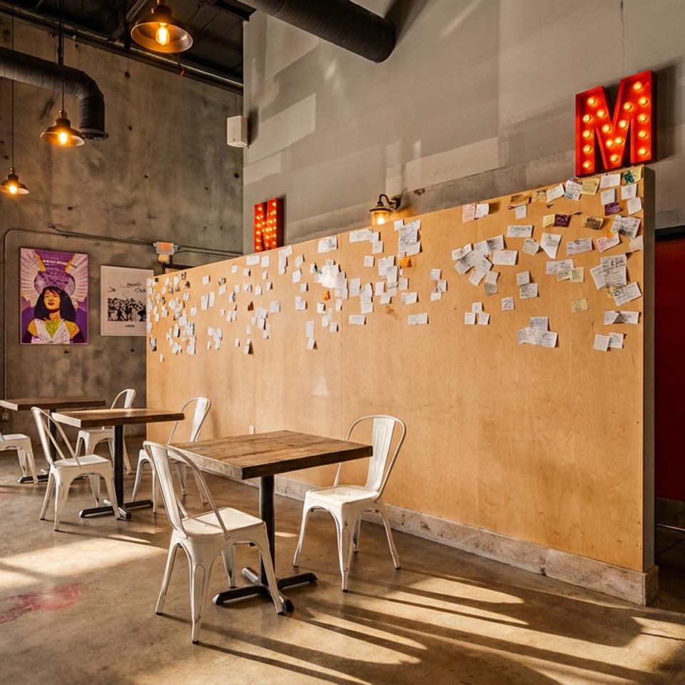 Industrial-chic restaurant interior with concrete walls, wooden tables, white chairs, and a message board.